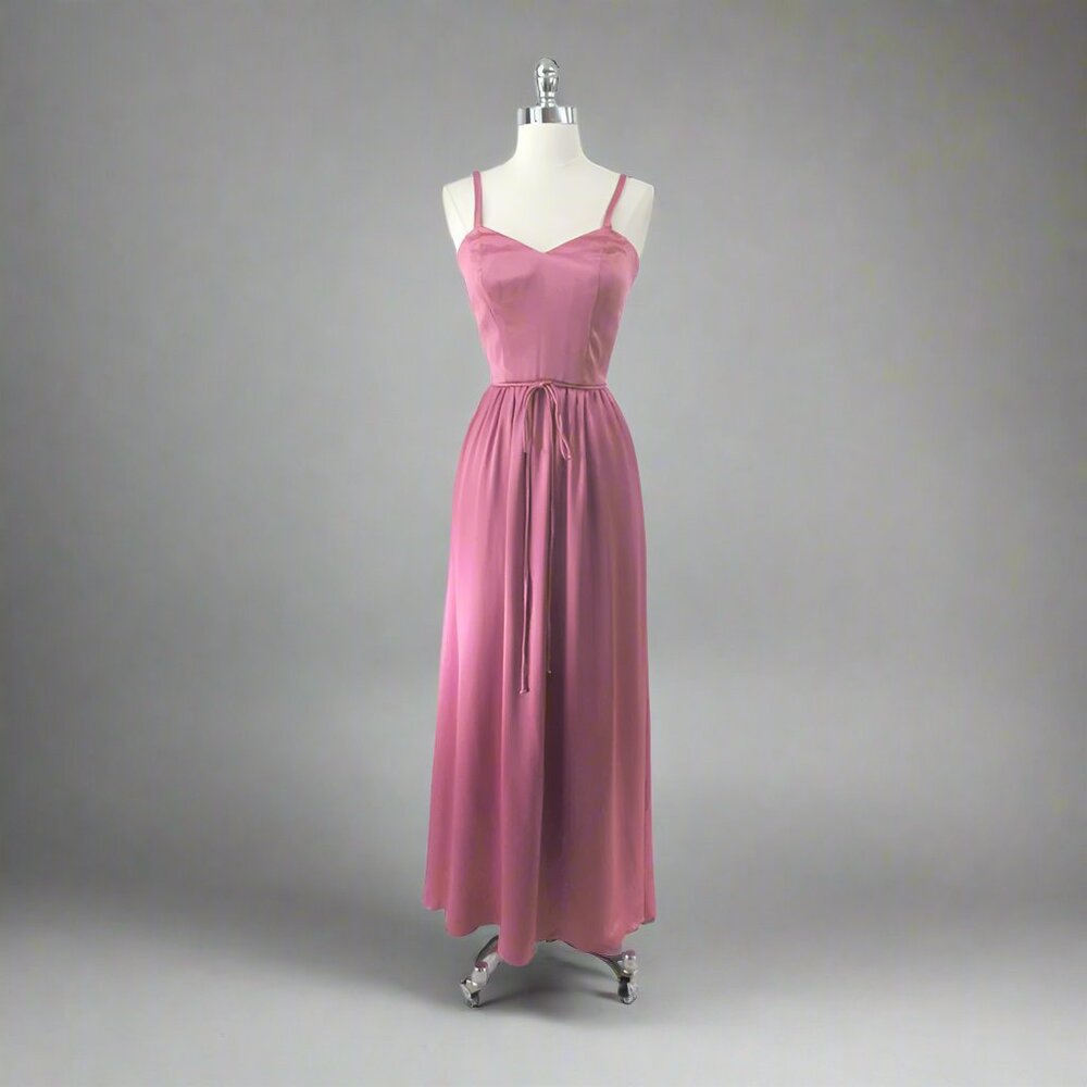 Vintage 70s Pink Satin Party Dress Gown S